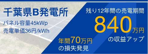 千葉県B発電所 年間70万円の売電損失発見 20年間換算で1400万円の売電収入アップ